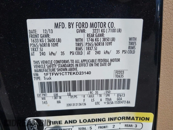 2014 Ford F-150 XL with VIN 1FTFW1CT7EKD23140, listed as a IAAI auction lot 41875745 with 215,619 mi miles and . Bid and sale history available at DreamBid. Image 9.