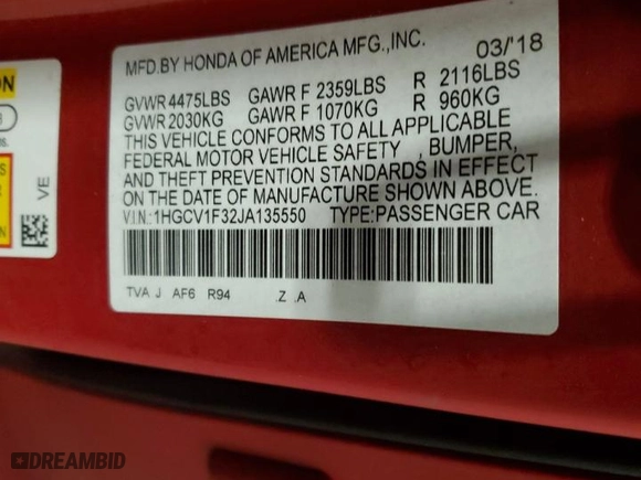 2018 Honda Accord Sedan Sport 1.5T with VIN 1HGCV1F32JA135550, listed as a Copart auction lot 45342375 with 63,652 mi miles and Salvage Title. Bid and sale history available at carsss.com. Image 14.