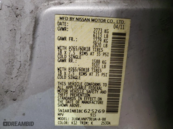 2011 Nissan Pathfinder LE with VIN 5N1AR1NB1BC625269, listed as a Copart auction lot 86658094 with 154,204 mi miles and Clean Title. Bid and sale history available at carsss.com. Image 13.