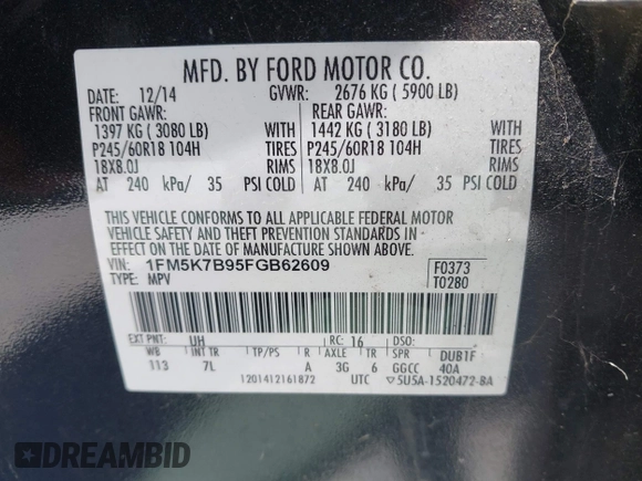 2015 Ford Explorer with VIN 1FM5K7B95FGB62609, listed as a IAAI auction lot 42060885 with 129,130 mi miles and . Bid and sale history available at carsss.com. Image 9.