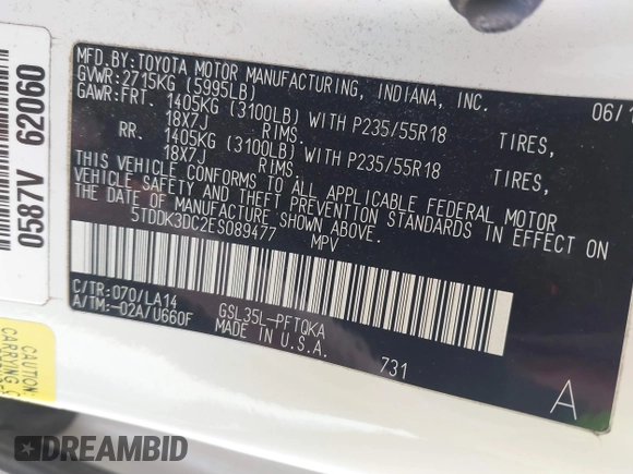 2014 Toyota Sienna Limited with VIN 5TDDK3DC2ES089477, listed as a IAAI auction lot 42217213 with 182,616 mi miles and . Bid and sale history available at DreamBid. Image 9.