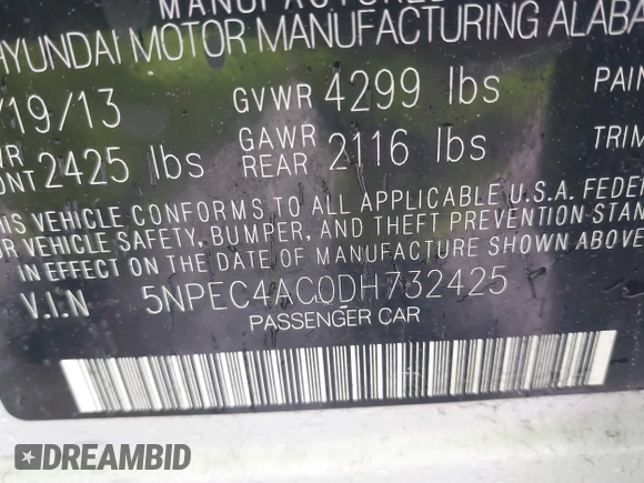 2013 Hyundai Sonata Limited with VIN 5NPEC4AC0DH732425, listed as a IAAI auction lot 42030047 with 109,241 mi miles and . Bid and sale history available at DreamBid. Image 9.