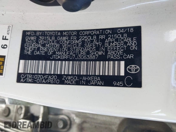 2018 Toyota Prius Two with VIN JTDKBRFU7J3063887, listed as a IAAI auction lot 41938978 with 220,771 mi miles. Bid and sale history available at carsss.com. Image 9.