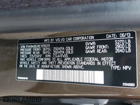 2014 Volvo XC70 3.2L z VIN YV4940BZ8E1178311, wystawiony jako Copart lot #58725065 z przebiegiem 100 278 mil mil oraz Szkoda całkowita • Salvage title. Historia ofert i sprzedaży dostępna na DreamBid. Obrazek 13.