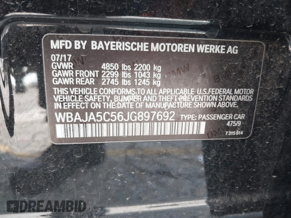 2018 BMW 5 Series 530i with VIN WBAJA5C56JG897692, listed as a IAAI auction lot 41813052 with 37,610 mi miles and . Bid and sale history available at DreamBid. Image 9.