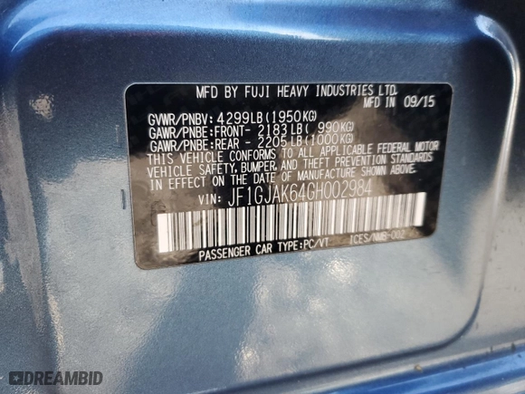 2016 Subaru Impreza Sedan Premium with VIN JF1GJAK64GH002984, listed as a Copart auction lot 42759285 with 99,493 mi miles and Salvage Title. Bid and sale history available at carsss.com. Image 12.