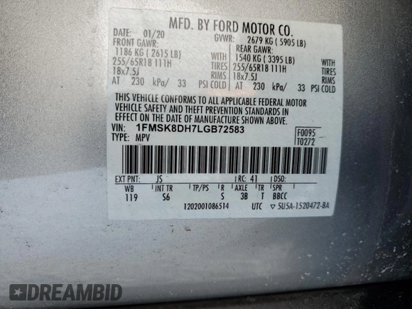 2020 Ford Explorer XLT with VIN 1FMSK8DH7LGB72583, listed as a Copart auction lot 45597755 with 66,119 mi miles and Salvage Title. Bid and sale history available at carsss.com. Image 16.