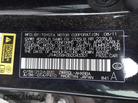 2011 Lexus CT 200h with VIN JTHKD5BH3B2043301, listed as a IAAI auction lot 41958504 with 139,080 mi miles and . Bid and sale history available at carsss.com. Image 9.