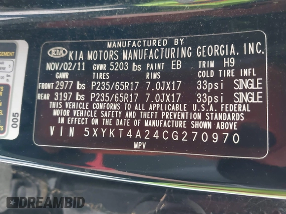 2012 Kia Sorento LX with VIN 5XYKT4A24CG270970, listed as a IAAI auction lot 41990293 with 135,769 mi miles. Bid and sale history available at carsss.com. Image 9.