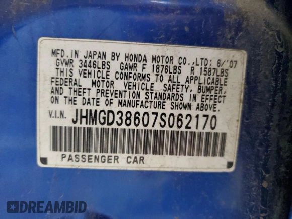 2007 Honda Fit Sport z VIN JHMGD38607S062170, wystawiony jako Copart lot #58672495 z przebiegiem 215 272 mil mil oraz Czysty tytuł • Clean title. Historia ofert i sprzedaży dostępna na DreamBid. Obrazek 13.