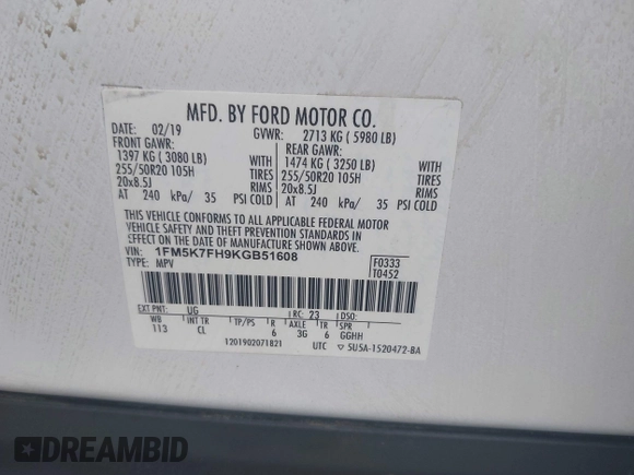 2019 Ford Explorer Limited with VIN 1FM5K7FH9KGB51608, listed as a IAAI auction lot 42658075 with 91,593 mi miles and . Bid and sale history available at DreamBid. Image 9.