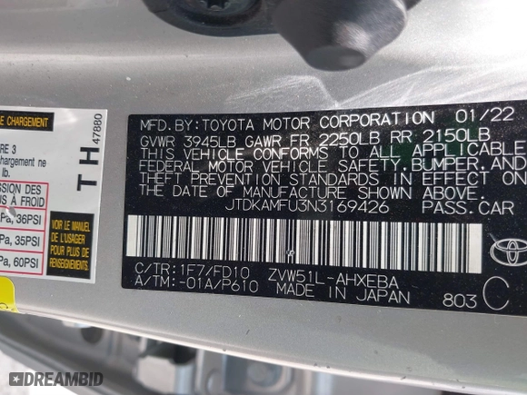 2022 Toyota Prius L Eco with VIN JTDKAMFU3N3169426, listed as a IAAI auction lot 39835932 with 37,756 mi miles. Bid and sale history available at carsss.com. Image 9.