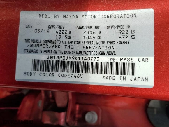 2019 Mazda Mazda3 Hatchback with VIN JM1BPBJM9K1140773, listed as a Copart auction lot 57002824 with 76,804 mi miles and Salvage Title. Bid and sale history available at carsss.com. Image 12.
