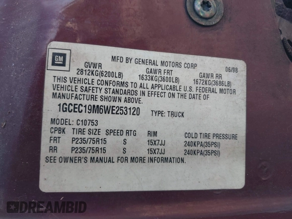 1998 Chevrolet Silverado 1500 with VIN 1GCEC19M6WE253120, listed as a IAAI auction lot 41840993 with 180,624 mi miles and . Bid and sale history available at DreamBid. Image 9.