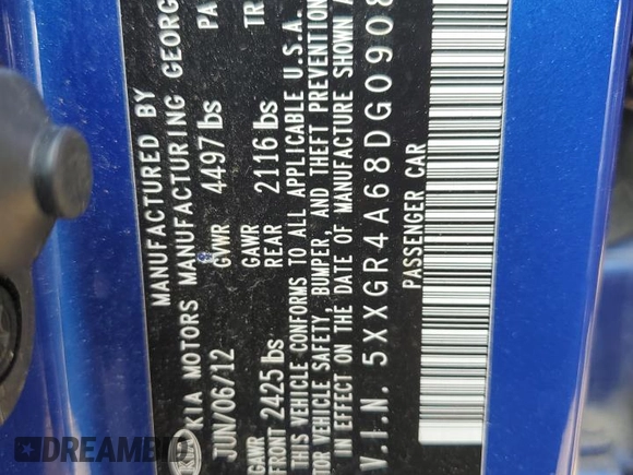 2013 Kia Optima SX z VIN 5XXGR4A68DG090873, wystawiony jako Copart lot #60827825 z przebiegiem Nie podano mil oraz Szkoda całkowita • Salvage title. Historia ofert i sprzedaży dostępna na DreamBid. Obrazek 12.