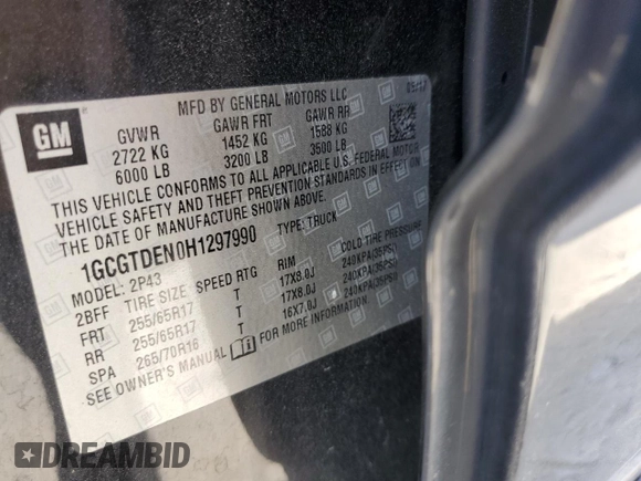 2017 Chevrolet Colorado 4WD Z71 with VIN 1GCGTDEN0H1297990, listed as a Copart auction lot 60800055 with 87,321 mi miles and Salvage title. Bid and sale history available at DreamBid. Image 12.
