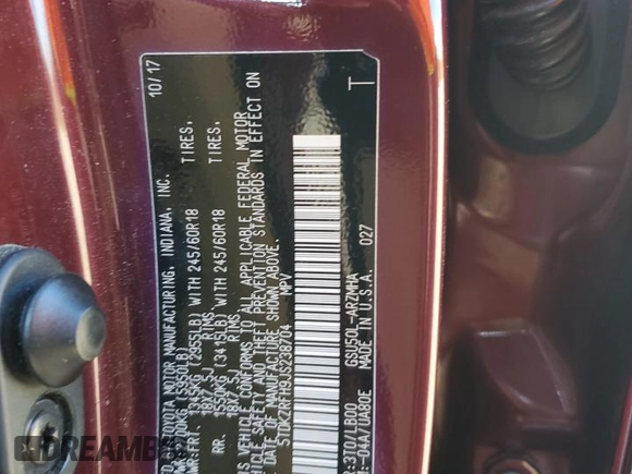 2018 Toyota Highlander SE z VIN 5TDKZRFH9JS238704, wystawiony jako Copart lot #74180764 z przebiegiem 96 037 mil mil oraz Szkoda całkowita • Salvage title. Historia ofert i sprzedaży dostępna na DreamBid. Obrazek 13.