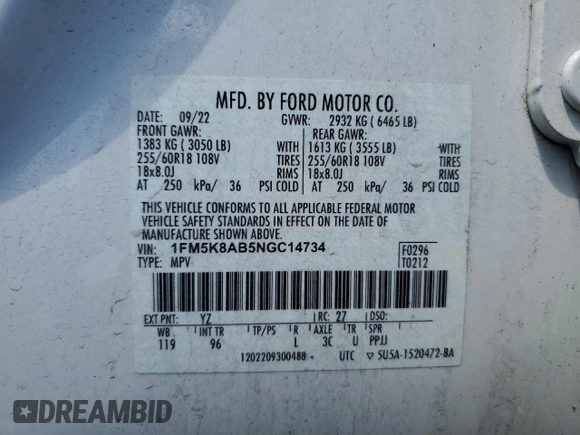 2022 Ford Police Interceptor Utility z VIN 1FM5K8AB5NGC14734, wystawiony jako Copart lot #55397525 z przebiegiem 43 026 mil mil oraz Szkody całkowita. Historia ofert i sprzedaży dostępna na DreamBid. Obrazek 13.