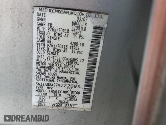 2007 Nissan Armada SE z VIN 5N1BA08A27N722095, wystawiony jako Copart lot #51247875 z przebiegiem 195 137 mil mil oraz Szkoda całkowita • Salvage title. Historia ofert i sprzedaży dostępna na DreamBid. Obrazek 13.