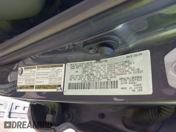 2004 Toyota 4Runner SR5 with VIN JTEBU14R948021377, listed as a IAAI auction lot 41667698 with 239,676 mi miles and . Bid and sale history available at DreamBid. Image 9.