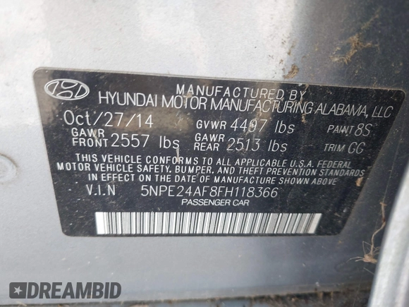 2015 Hyundai Sonata SE with VIN 5NPE24AF8FH118366, listed as a IAAI auction lot 42086388 with 179,499 mi miles and . Bid and sale history available at carsss.com. Image 9.