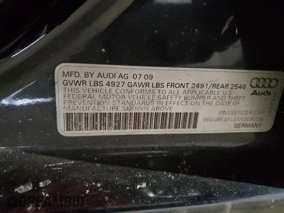 2010 Audi A4 2.0T Premium with VIN WAUBFAFL0AN008728, listed as a Copart auction lot 45380585 with 107,804 mi miles and Salvage Title. Bid and sale history available at carsss.com. Image 12.