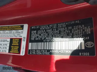 2010 Toyota Camry with VIN 4T1BF3EK7AU540292, listed as a IAAI auction lot 41617671 with 186,058 mi miles. Bid and sale history available at carsss.com. Image 9.