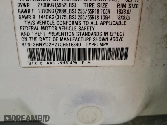 2012 Acura MDX with VIN 2HNYD2H21CH516340, listed as a Copart auction lot 61856565 with 179,873 mi miles and Clean title. Bid and sale history available at DreamBid. Image 14.