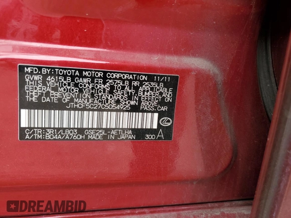 2012 Lexus IS 250 z VIN JTHCF5C27C5054925, wystawiony jako Copart lot #56701885 z przebiegiem 99 558 mil mil oraz Szkoda całkowita • Salvage title. Historia ofert i sprzedaży dostępna na DreamBid. Obrazek 12.