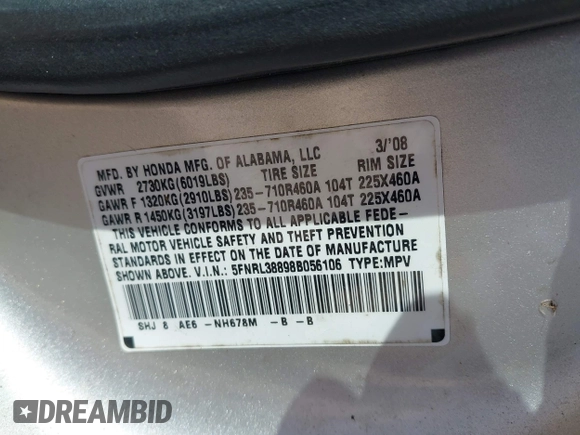 2008 Honda Odyssey Touring with VIN 5FNRL38898B056106, listed as a IAAI auction lot 41963288 with 146,960 mi miles. Bid and sale history available at carsss.com. Image 9.