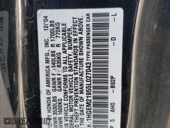 2005 Honda Civic EX with VIN 1HGEM21955L027043, listed as a Copart auction lot 48869745 with 214,072 mi miles and Salvage Title. Bid and sale history available at carsss.com. Image 12.