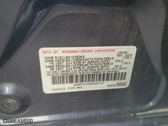 2009 Mitsubishi Outlander XLS with VIN JA4MT41X09Z008727, listed as a Copart auction lot 71171494 with 107,808 mi miles and Non Repairable. Bid and sale history available at carsss.com. Image 14.