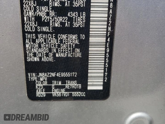 2014 Infiniti QX80 with VIN JN8AZ2NF4E9555172, listed as a Copart auction lot 52302975 with 107,709 mi miles and Salvage Title. Bid and sale history available at DreamBid. Image 14.