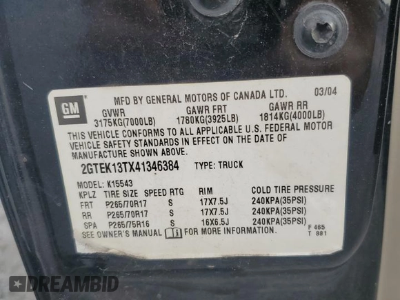 2004 GMC Sierra 1500 SLT z VIN 2GTEK13TX41346384, wystawiony jako Copart lot #72956314 z przebiegiem Nie podano mil oraz Szkoda całkowita • Salvage title. Historia ofert i sprzedaży dostępna na DreamBid. Obrazek 12.