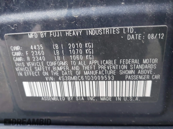 2013 Subaru Legacy Premium z VIN 4S3BMBC61D3009593, wystawiony jako IAAI lot #42284458 z przebiegiem 108 740 mil mil oraz . Historia ofert i sprzedaży dostępna na DreamBid. Obrazek 9.