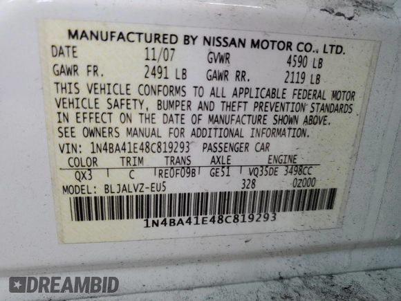 2008 Nissan Maxima 3.5 SL with VIN 1N4BA41E48C819293, listed as a Copart auction lot 51364815 with 175,254 mi miles and Clean Title. Bid and sale history available at carsss.com. Image 12.