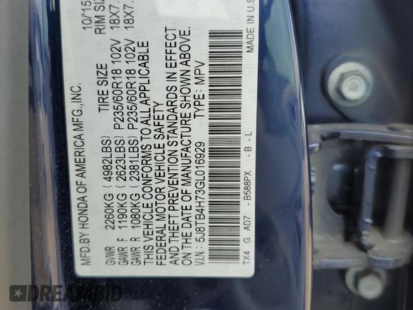 2016 Acura RDX Advance Pkg with VIN 5J8TB4H73GL016929, listed as a Copart auction lot 67241913 with 40,207 mi miles. Bid and sale history available at carsss.com. Image 15.