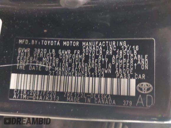 2017 Toyota Corolla L with VIN 2T1BURHE8HC811113, listed as a IAAI auction lot 42282601 with 78,552 mi miles and . Bid and sale history available at DreamBid. Image 9.