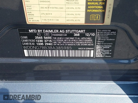 2011 Mercedes-Benz S 550 with VIN WDDNG7BB3BA385985, listed as a IAAI auction lot 42207977 with 122,874 mi miles and . Bid and sale history available at DreamBid. Image 9.