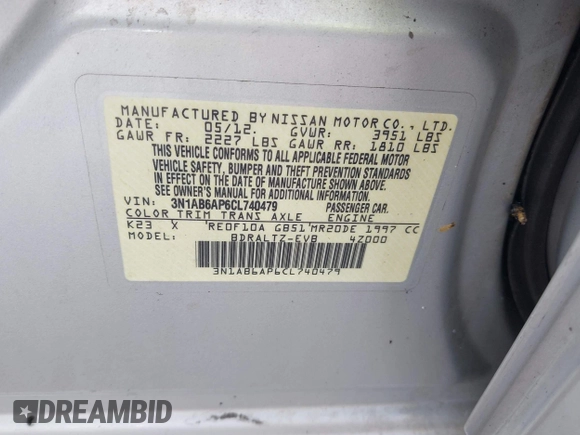 2012 Nissan Sentra S with VIN 3N1AB6AP6CL740479, listed as a IAAI auction lot 41947926 with Not Provided miles and . Bid and sale history available at DreamBid. Image 9.