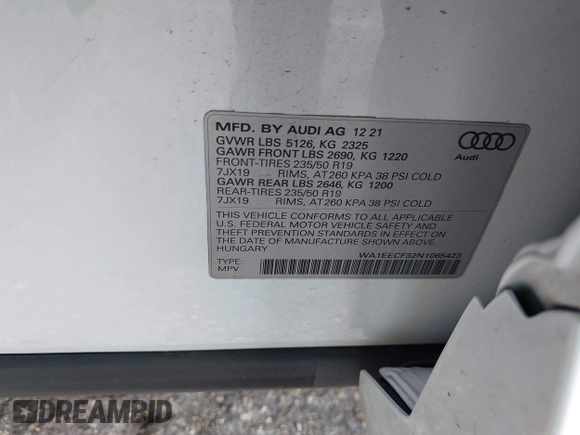 2022 Audi Q3 S line Premium Plus with VIN WA1EECF32N1065423, listed as a IAAI auction lot 42081354 with 27,071 mi miles and . Bid and sale history available at DreamBid. Image 9.