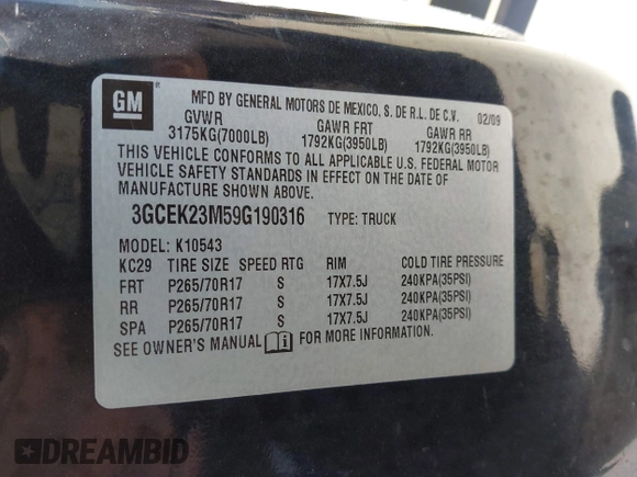 2009 Chevrolet Silverado 1500 LT with VIN 3GCEK23M59G190316, listed as a IAAI auction lot 42087025 with 175,998 mi miles and . Bid and sale history available at DreamBid. Image 9.