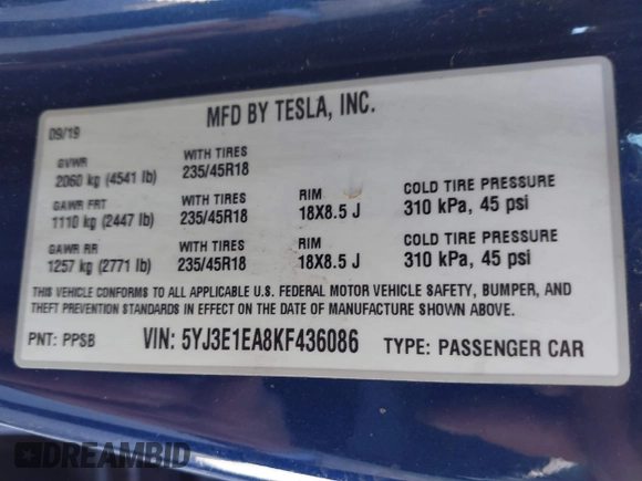 2019 Tesla Model 3 Mid Range with VIN 5YJ3E1EA8KF436086, listed as a IAAI auction lot 41682093 with 70,332 mi miles and . Bid and sale history available at DreamBid. Image 9.