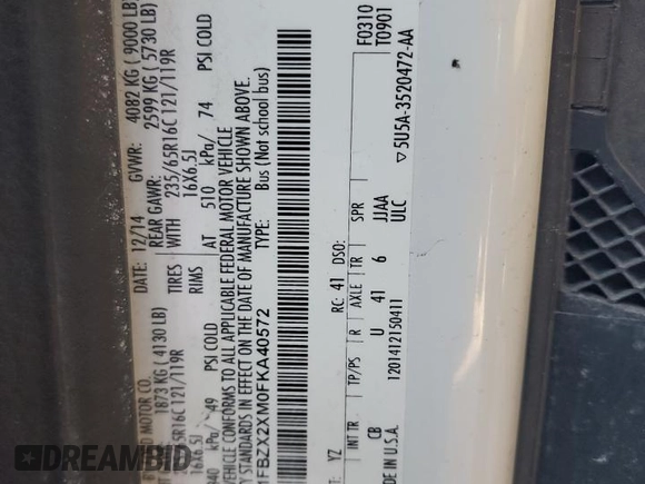 2015 Ford Transit Passenger XL with VIN 1FBZX2XM0FKA40572, listed as a Copart auction lot 49501365 with 212,723 mi miles and Salvage Title. Bid and sale history available at DreamBid. Image 15.
