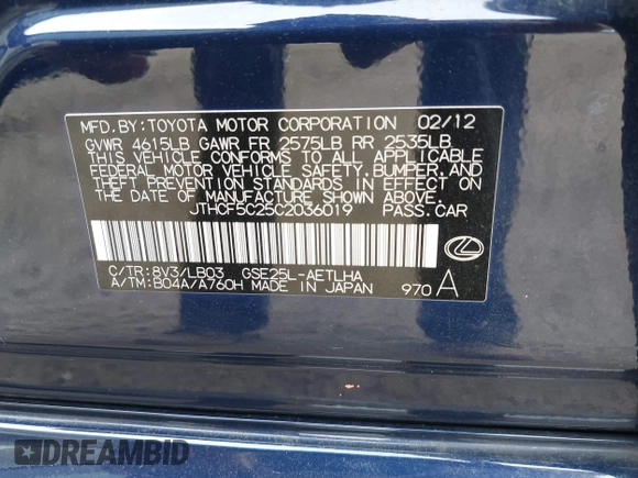 2012 Lexus IS 250 with VIN JTHCF5C25C2036019, listed as a IAAI auction lot 41917554 with 139,726 mi miles and . Bid and sale history available at DreamBid. Image 9.