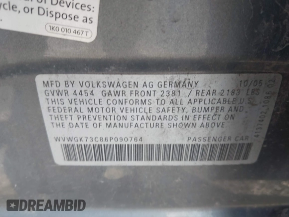 2006 Volkswagen Passat with VIN WVWGK73C86P090764, listed as a IAAI auction lot 42653361 with 101,464 mi miles and . Bid and sale history available at DreamBid. Image 9.