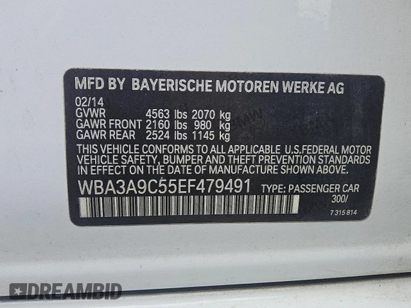 2014 BMW 3 Series 335i z VIN WBA3A9C55EF479491, wystawiony jako Copart lot #55447365 z przebiegiem Nie podano mil oraz Czysty tytuł • Clean title. Historia ofert i sprzedaży dostępna na DreamBid. Obrazek 8.