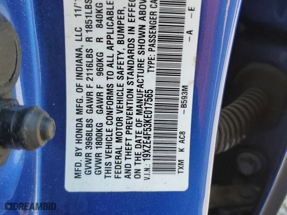 2019 Honda Insight EX with VIN 19XZE4F53KE017565, listed as a Copart auction lot 52827545 with 180,268 mi miles and Salvage Title. Bid and sale history available at carsss.com. Image 12.