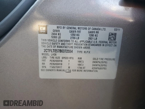 2011 GMC Terrain SLE-2 with VIN 2CTFLTE57B6372554, listed as a Copart auction lot 46315985 with 191,915 mi miles and Salvage Title. Bid and sale history available at carsss.com. Image 13.