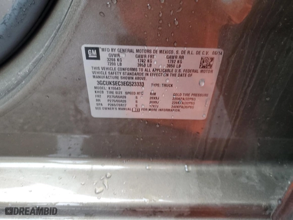 2014 Chevrolet Silverado 1500 LTZ with VIN 3GCUKSEC3EG523333, listed as a Copart auction lot 48069765 with 60,641 mi miles and Salvage Title. Bid and sale history available at carsss.com. Image 12.